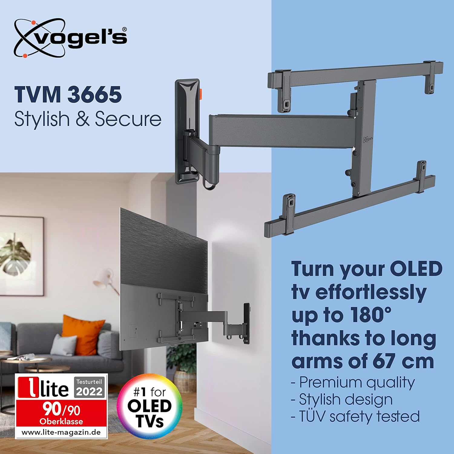 Vogel's TVM 3665 full-motion OLED TV wall bracket for 40-77 inch TVs, Max. 77 lbs (35 kg), Swivels up to 180º, Full-Motion OLED TV wall mount, Max. VESA 600x400, Universal compatibility