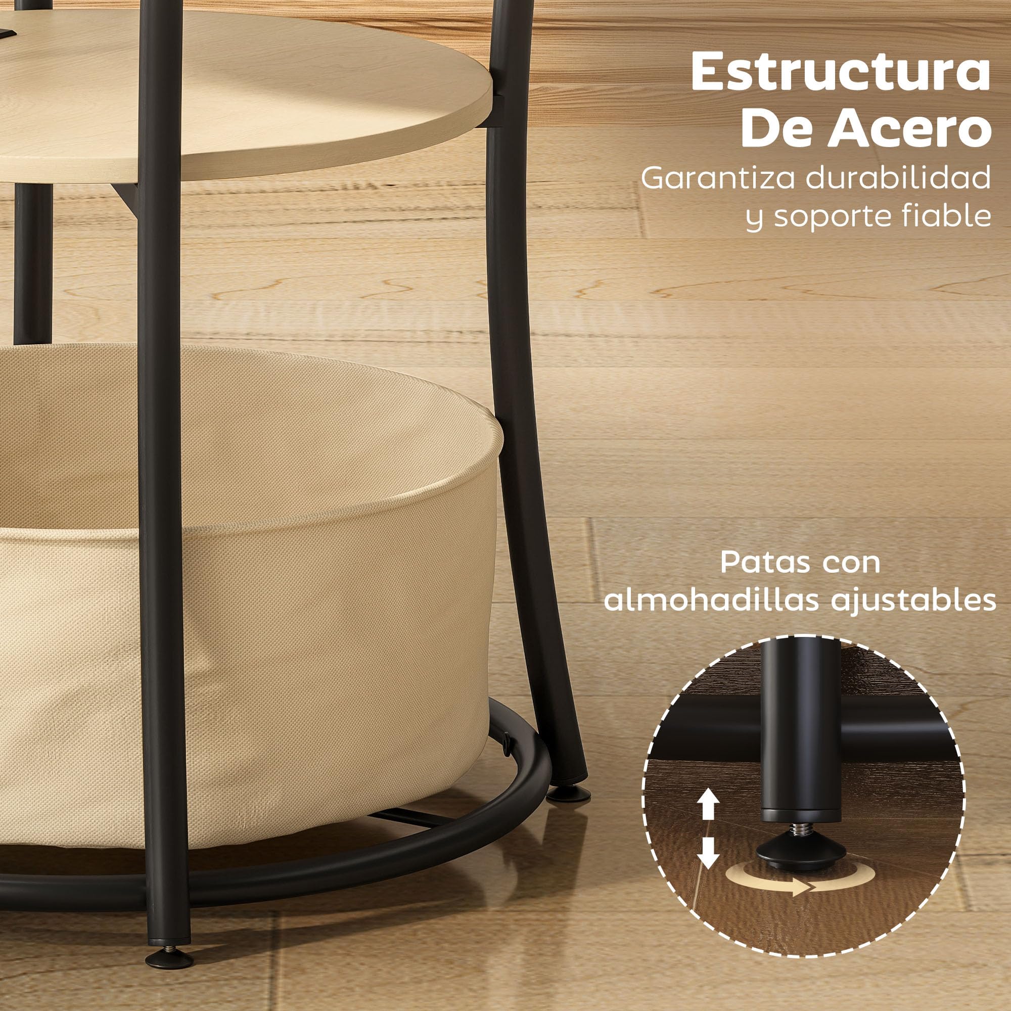 HOMCOM Mesa Auxiliar Redonda de 3 Niveles Ø50x55,1 cm Madera Natural | Estación de Carga, Mesita Auxiliar Industrial, 2 Estantes Abiertos, Bolsa de Almacenaje, para Salón Dormitorio Librería