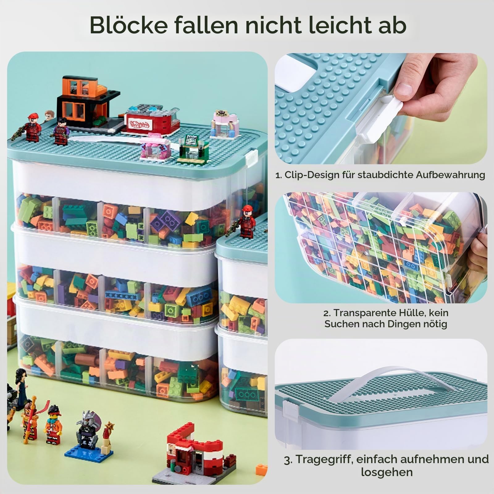 Kinder Aufbewahrungsbox mit Deckel für Lego Bausteine, 3 Stufen | Aufbewahrungsboxen für Lego, Stapelbar Kunststoff Aufbewahrung Transparent mit FäChern zur Aufbewahrung von Kinderspielzeug