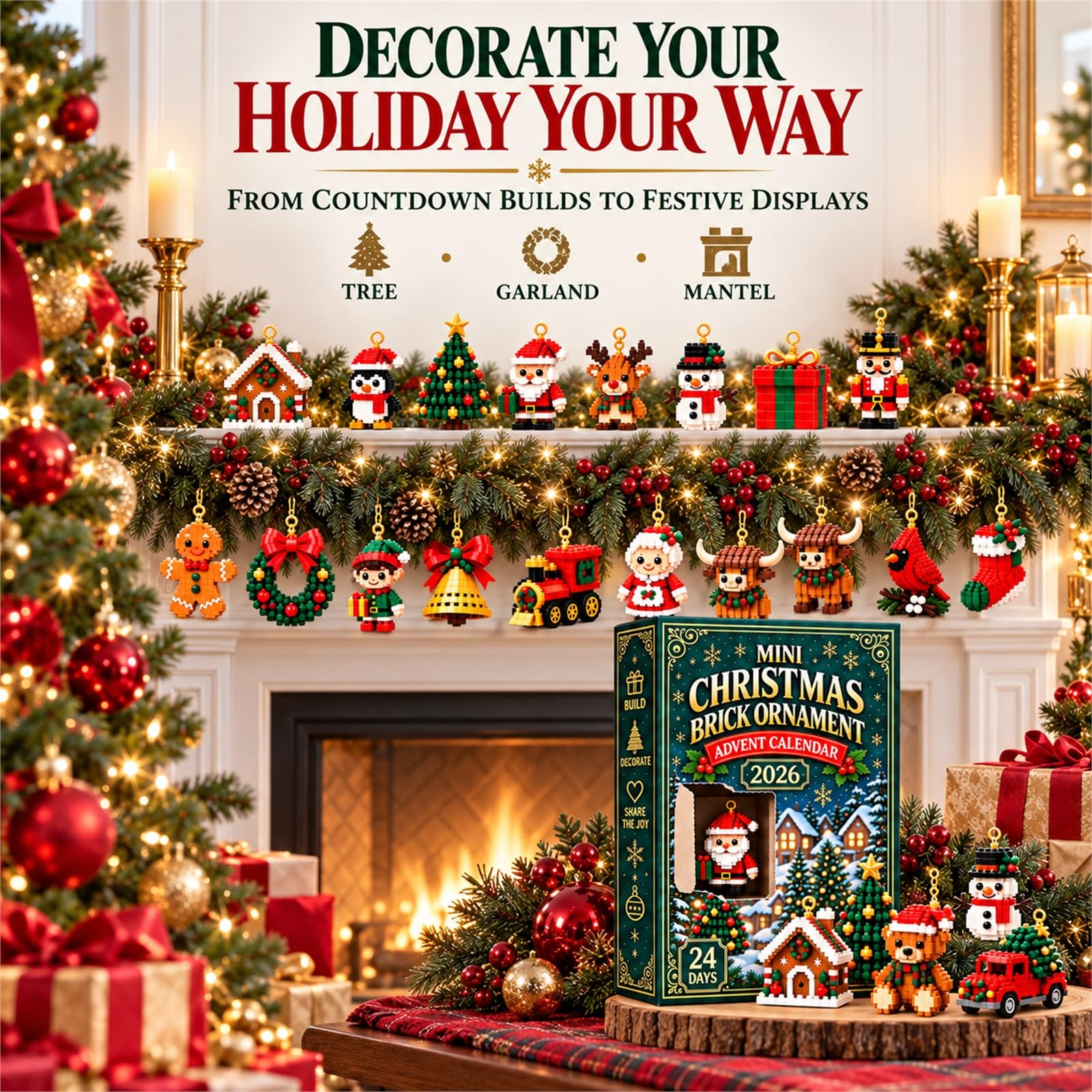 24-Day Mini Calendario de Adviento de Bloques Navideños, Orname