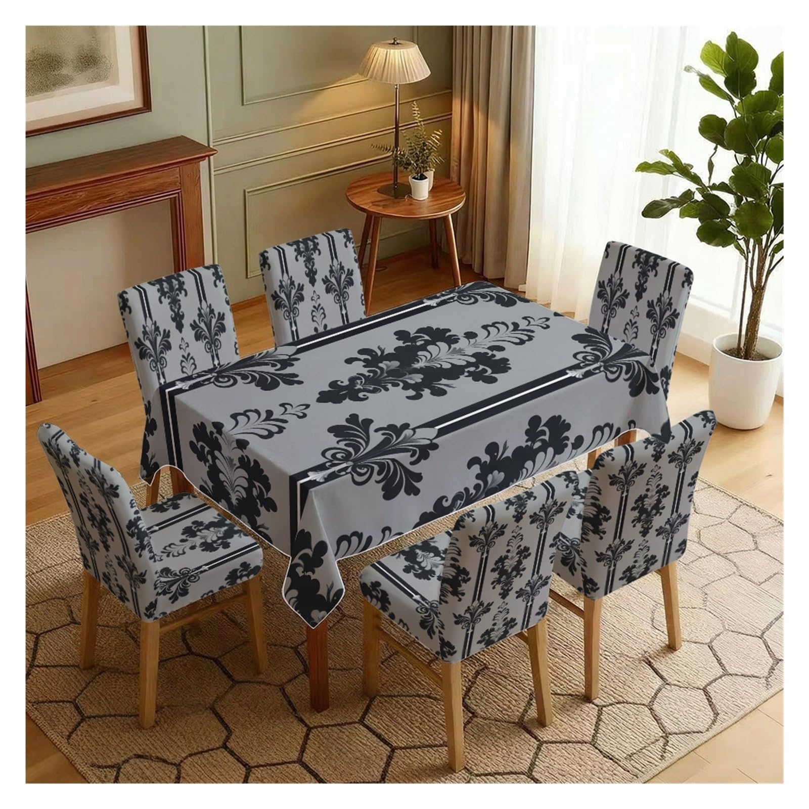 BOSUYBN Elegant Damask Dining Set Covers, 5/7 Piece Tablecloth With Matching Chair Slipcovers In Gold Pattern For Refined Interiors Table Setting(7pcs Set: Tablecloth+Chair Covers)