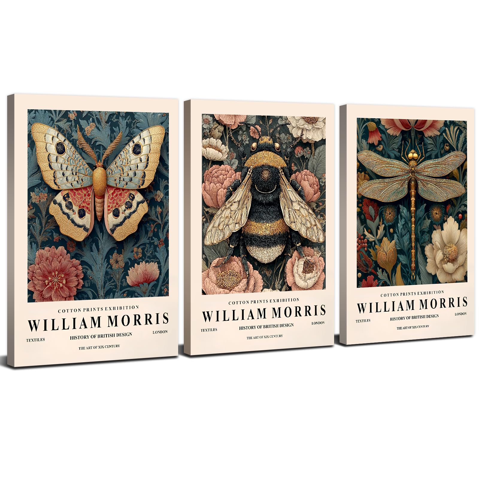 3Pcs William Morris Wall Art Vintage Flower Canvas Prints for Bedroom Nature Wildflower Painting Poster Rustic Animal Dragonfly Bee Butterfly Canvas Artwork for Living Room Home Decorations 12x16"