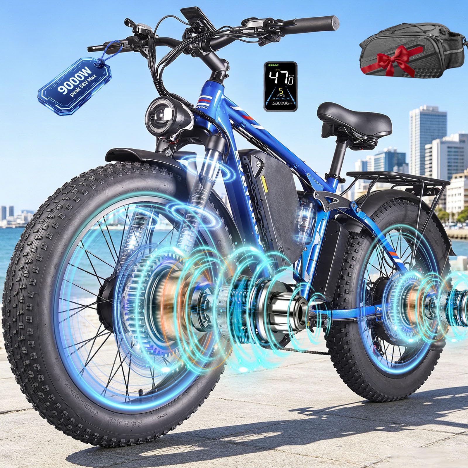 9000W Peak Dual Motor Ebike for Adults 47 MPH Fast Electric Bike, 58V Max 1972 Wh Up to 105 Miles Ebikes,24" Fat Tire E-Bike,Full Suspension Electric Bicycle for Mountain Commuter Snow