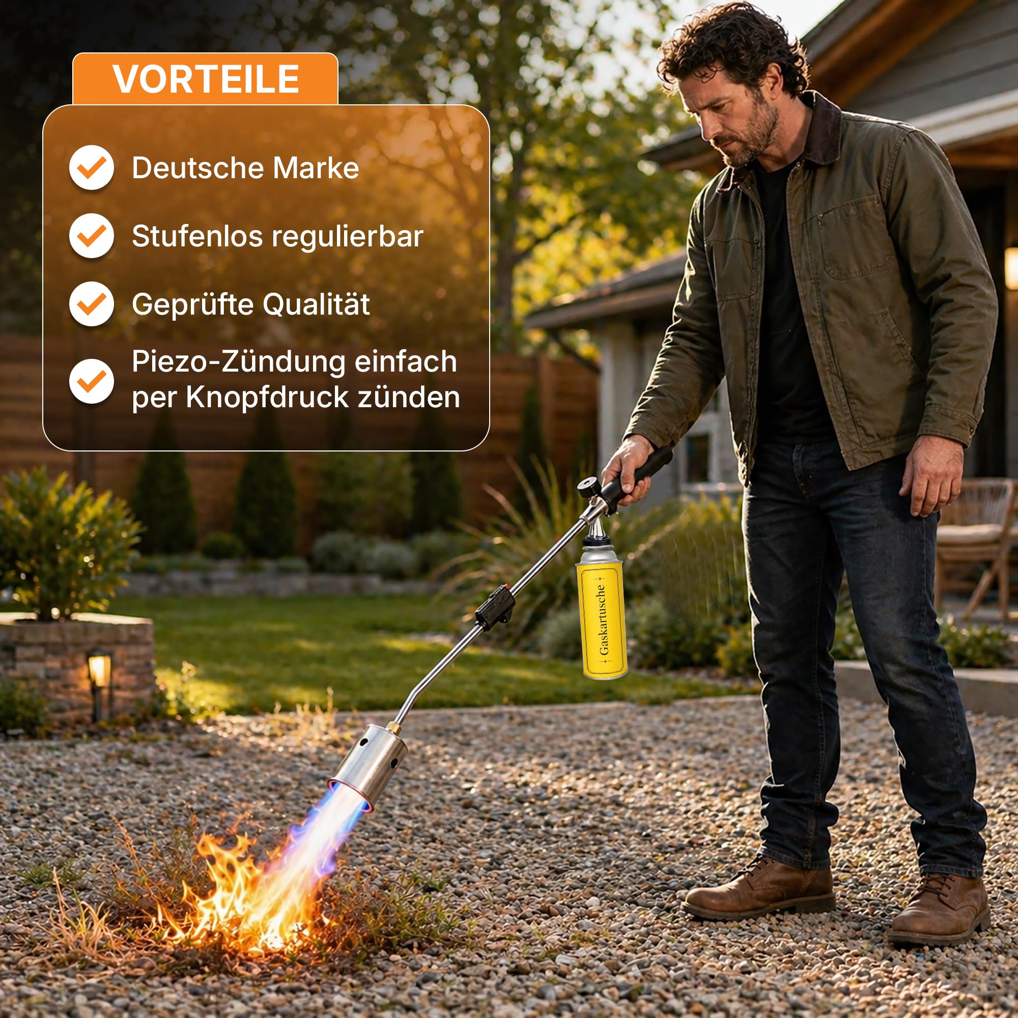 Unkrautbrenner [1100°] mit Piezozündung – professionelles Abflammgeraet mit robustem Griff & stufenloser Flammenregelung – ergonomischer Unkrautvernichter 80 cm – inkl. 4 Gaskartuschen