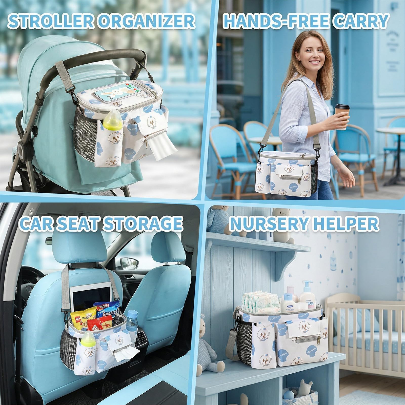Borsa Passeggino Universale, Impermeabile e Resistente Borsa Carrozzina Neonato con Supporto di Tazza, Borsa Telefono e Tracolla, Adatta Alla Maggior Parte dei Passeggini