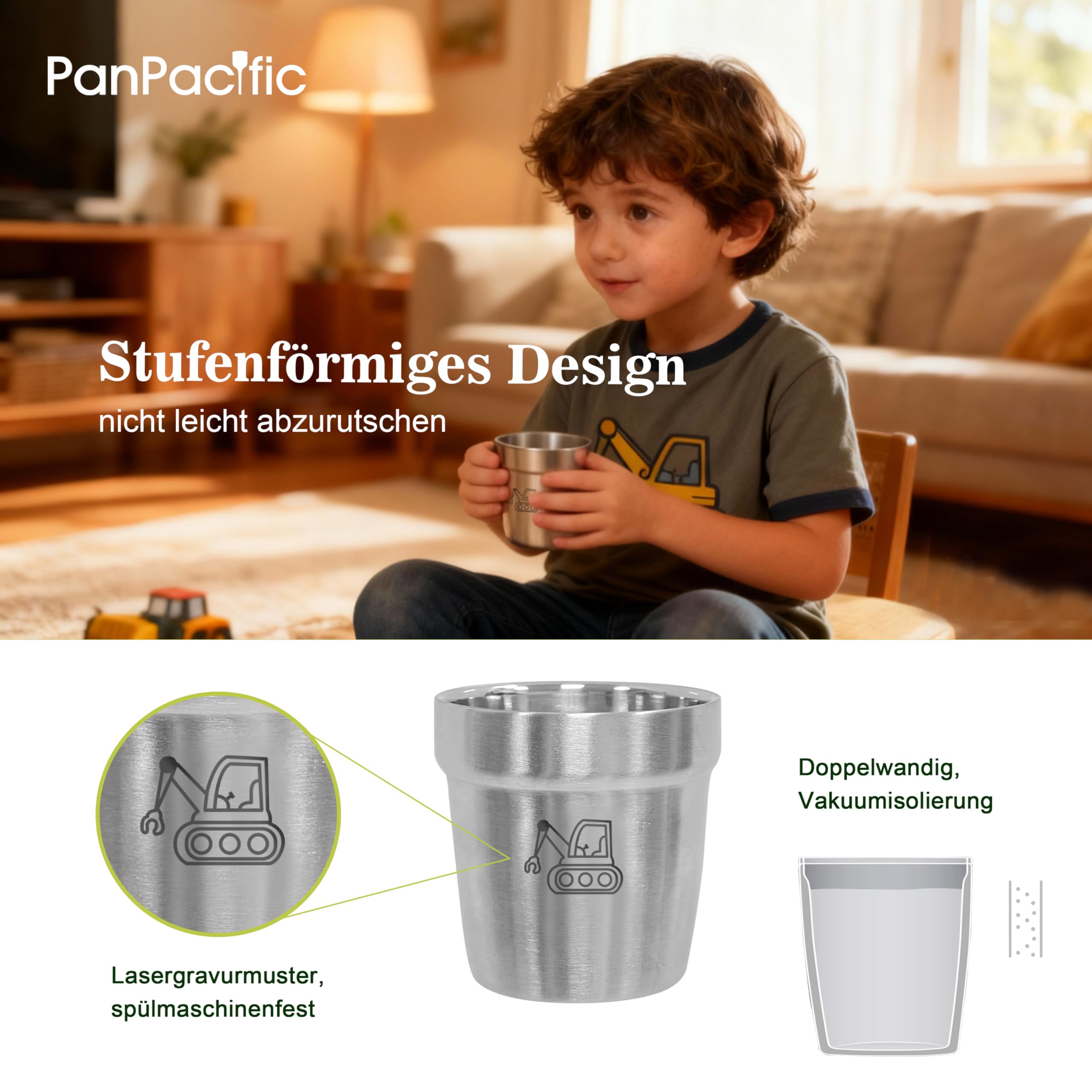 PanPacific Kinderbecher-Set 3-teilig mit Technischem Fahrzeugmuster, 175 ml, Edelstahl-Doppelschicht, Metall-Trinkbecher für Kinder, Campingbecher, Outdoor-Wanderkaffeebecher für Jungen und Mädchen