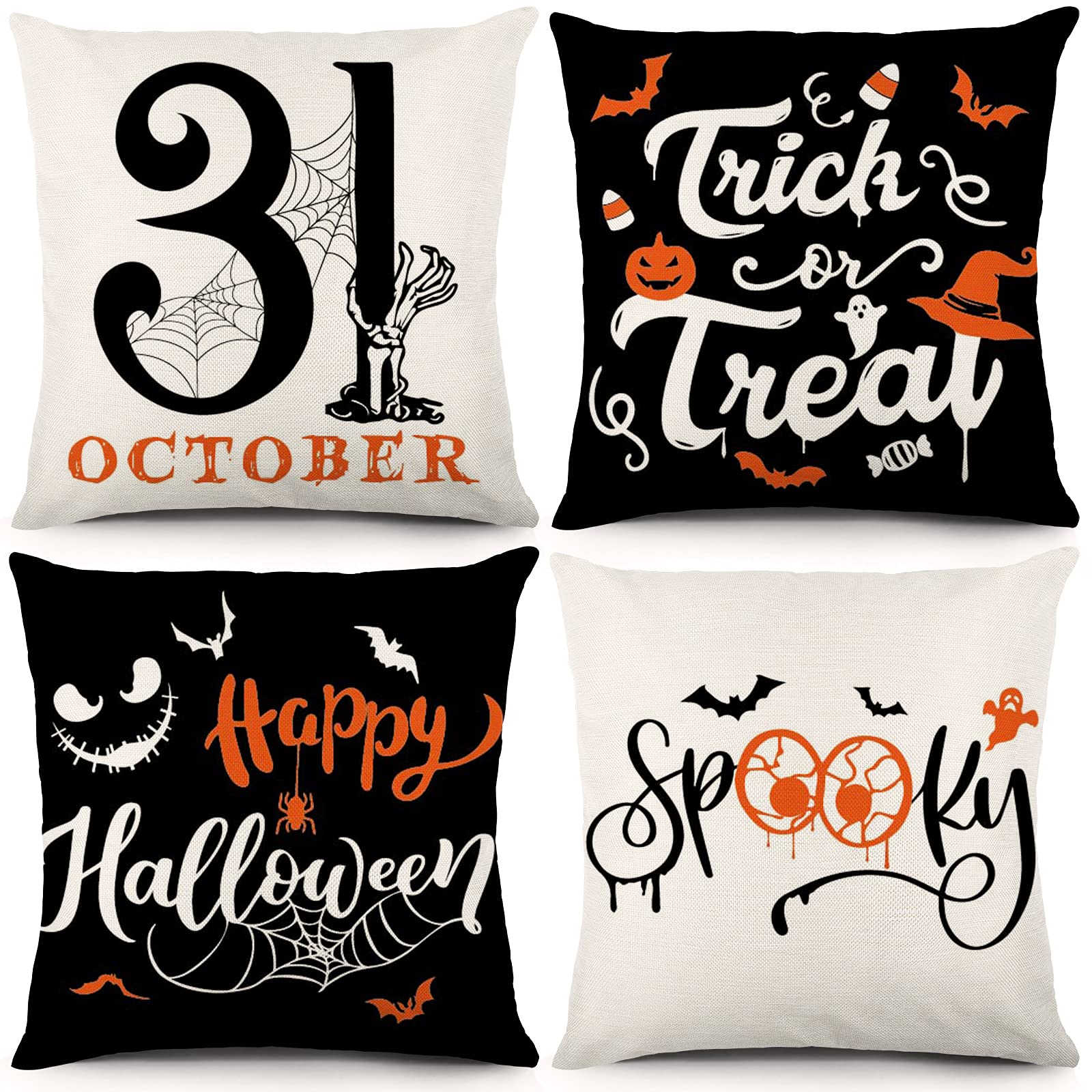 Bowount Halloween Pillow Covers 18x18 Inch Set of 4 Trick or Treat Pillowcases Holiday Decorations Household Linen Pillow Covers for Bed Sofa Halloween Holiday Decorations