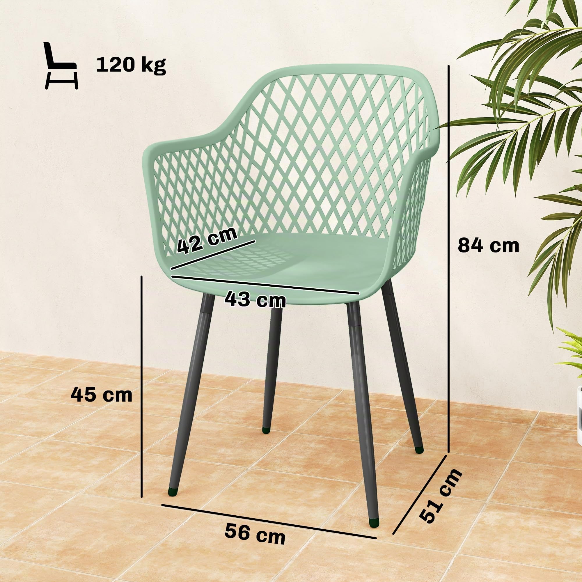 Outsunny Set 4 Sedie da Giardino Anti UV con Braccioli 56x51x84 cm Verde | Polipropilene, Sedie per Pranzo da Esterno, Schienale Diamantato, Gambe in Metallo, per Patio Balcone Terrazza Esterno