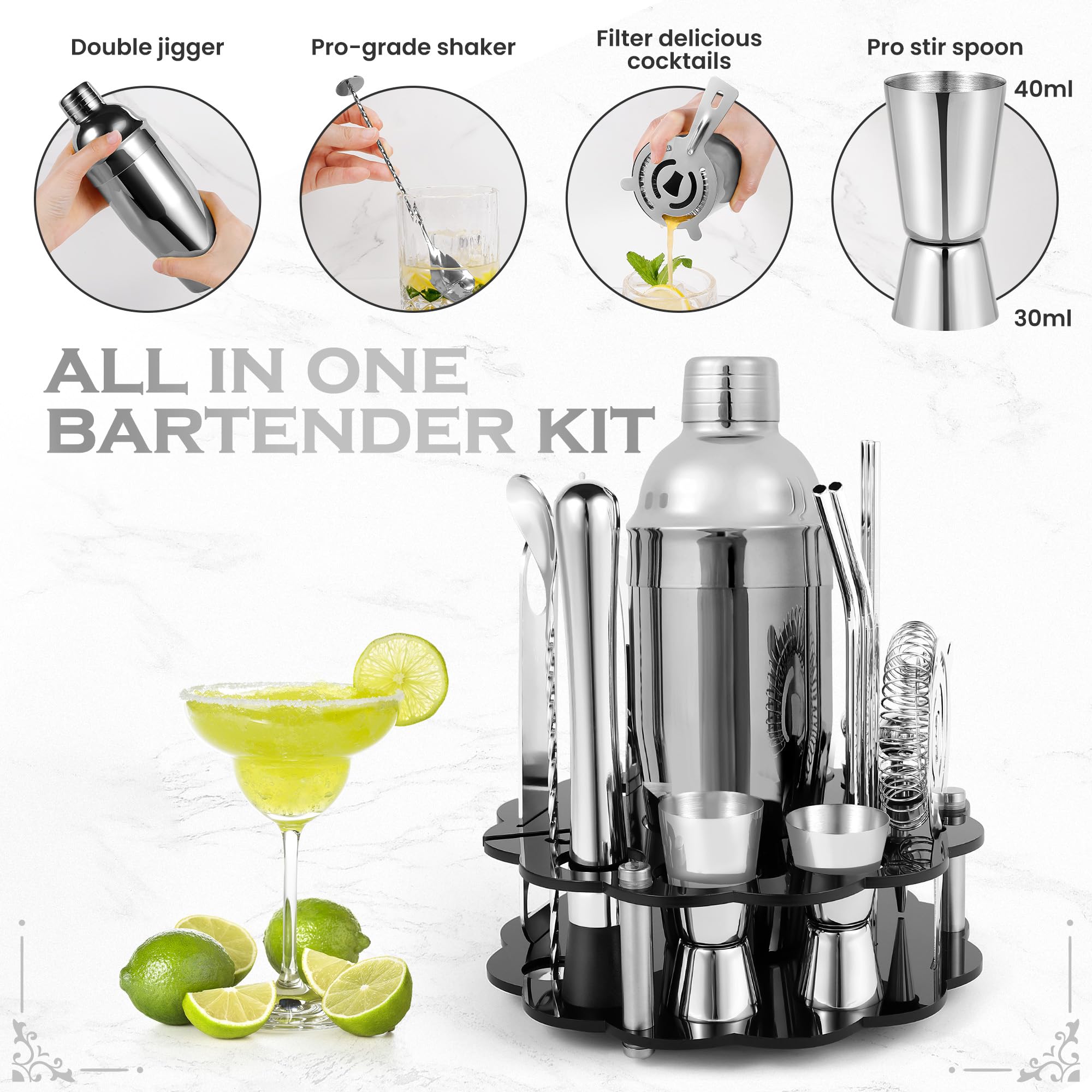 Home Bar Equipment 24-Piece Bartender Kit With Stand - Complete  Cocktail Shaker Set Bartender Kit - 24-Piece Home Bartending Kit with Stand NEW main image 2