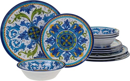 Juego de vajilla de 12 piezas, color azul, multicolor, floral, informal, moderno, contemporáneo, redondo, de cerámica, 12 piezas, apto para