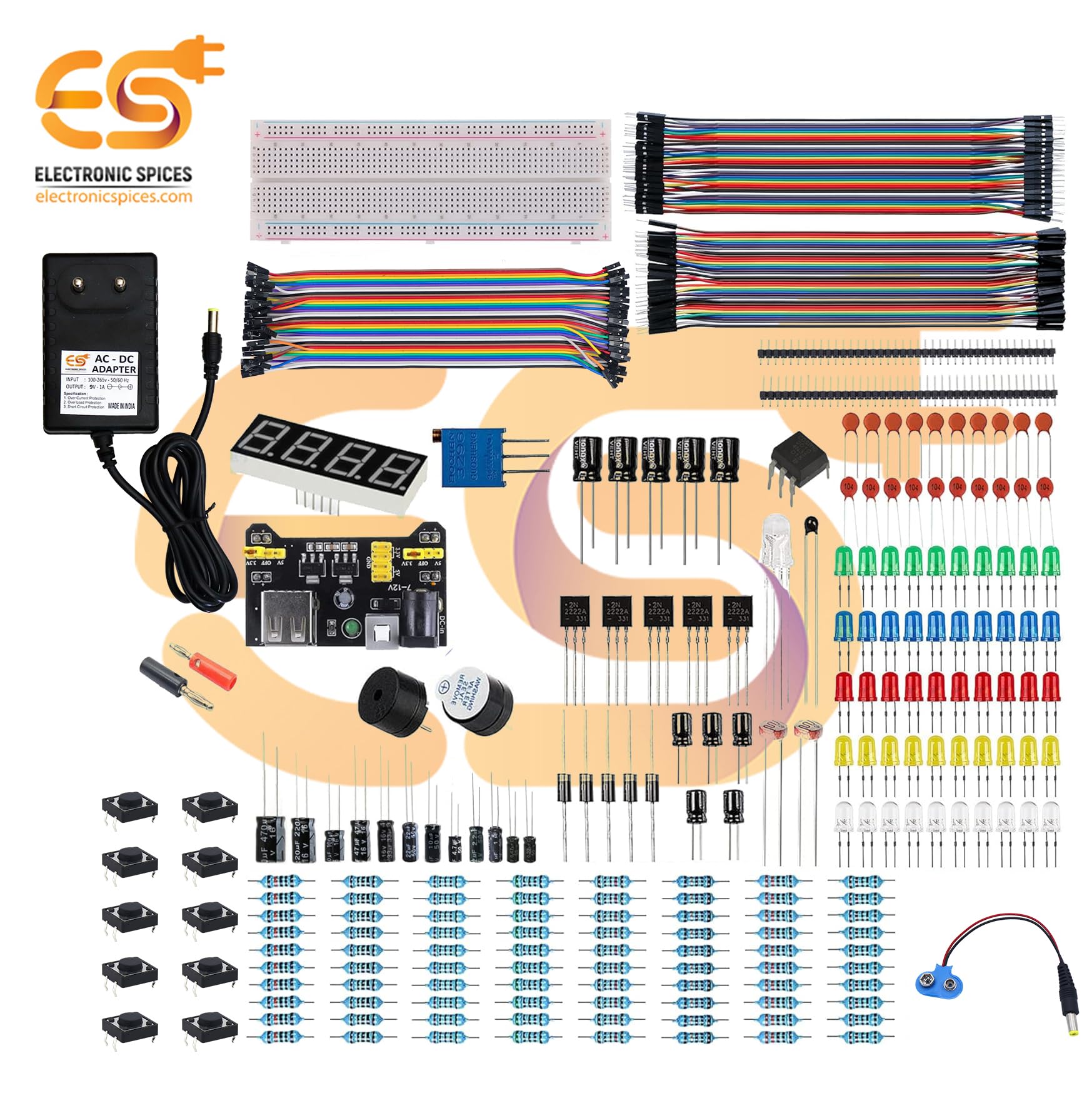 Electronic Spices Basic Starter Kit with Capacitor,Diode,Resistor,Transistor, Jumper Wire, 830 Breadboard (350 Item), Assorted - Image 7 thumbnail