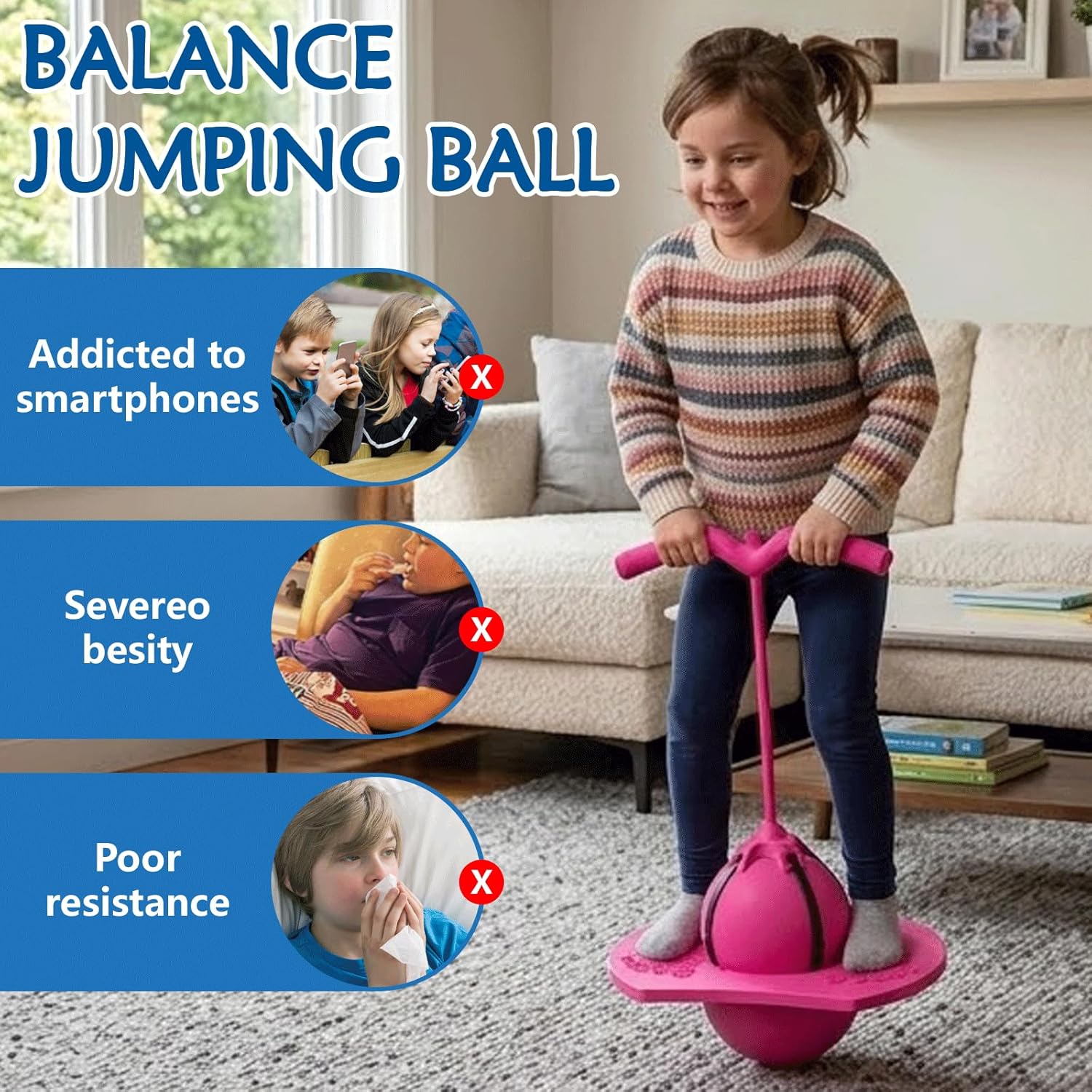 Balance Jumping Ball，2026 Jumping Ball Pogo Jumper with Handle and Pump Pogo Hopping Blaster，for Childrens Adults for Indoor Outdoor Fun (Pink)