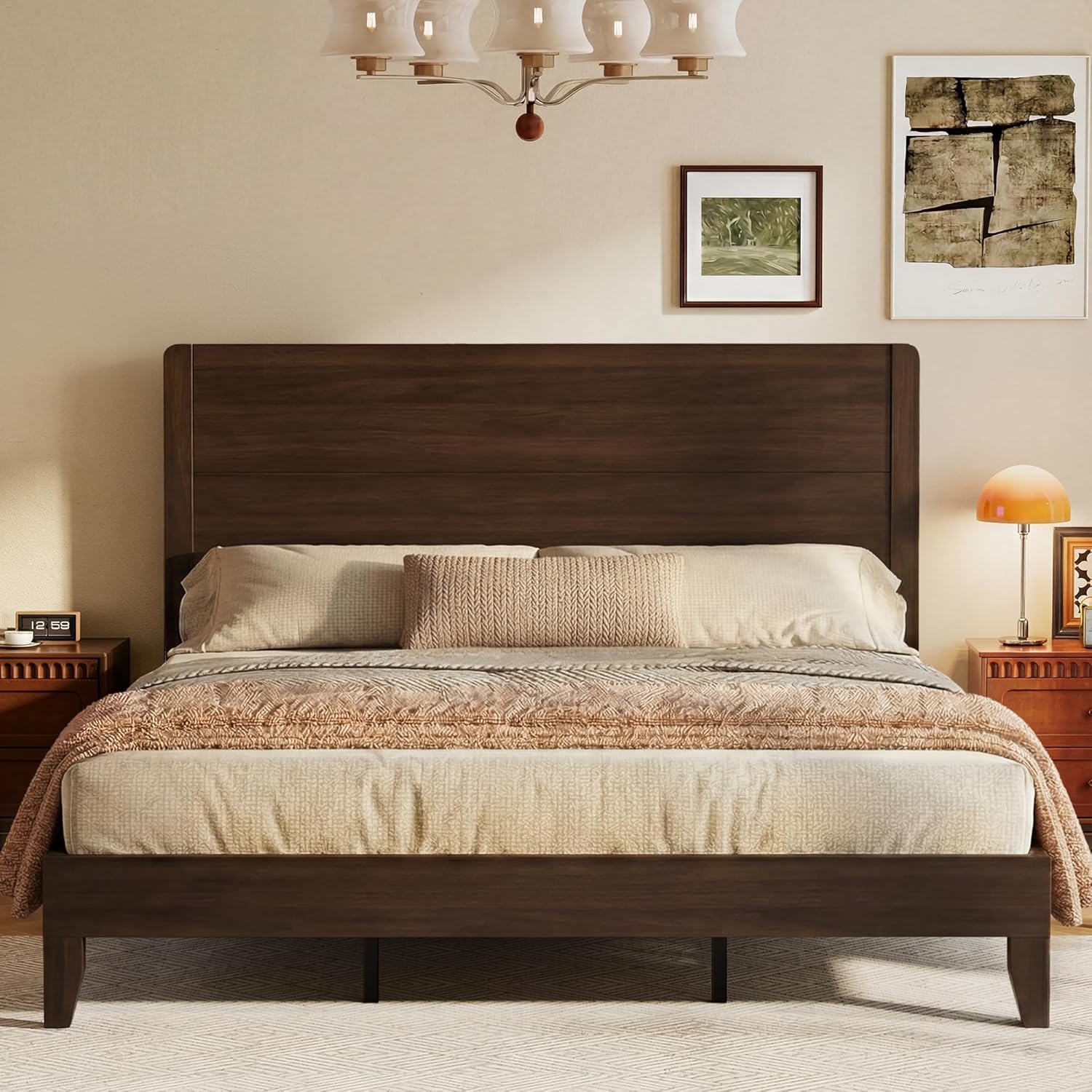 Wood King Bed Frame, Platform Bed with Tall Headboard, Solid Wood Slat Support, Noise-Free Mattress Foundation, No Box Spring Needed, Easy Assembly, Brown