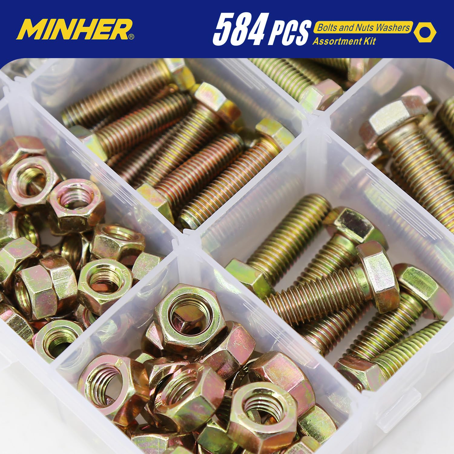 MINHER 584 pieza M6 M8 M10 de Tornillos Hexagonales y Juego de Tuercas y Arandelas, Acero Aleado Galvanizado de Grado 8,8