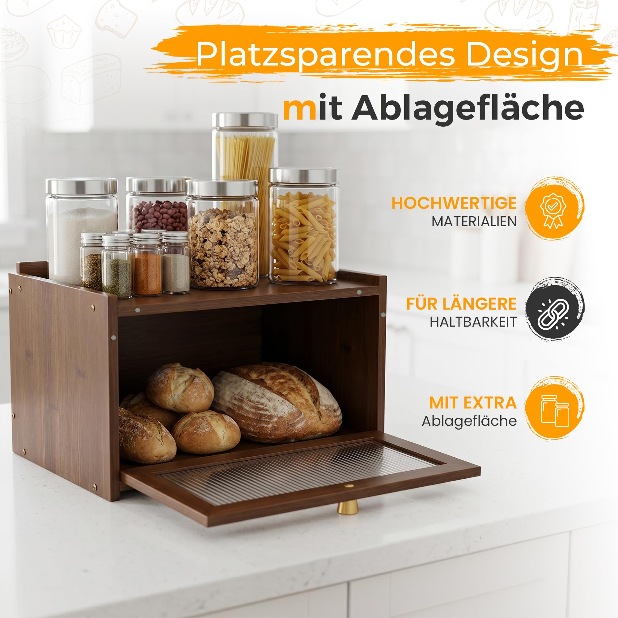 AH® Brotkasten Holz Vintage mit Sichtfenster – Brotbox mit Belüftung – Bread box– Brotbewahrung im Landhausstil