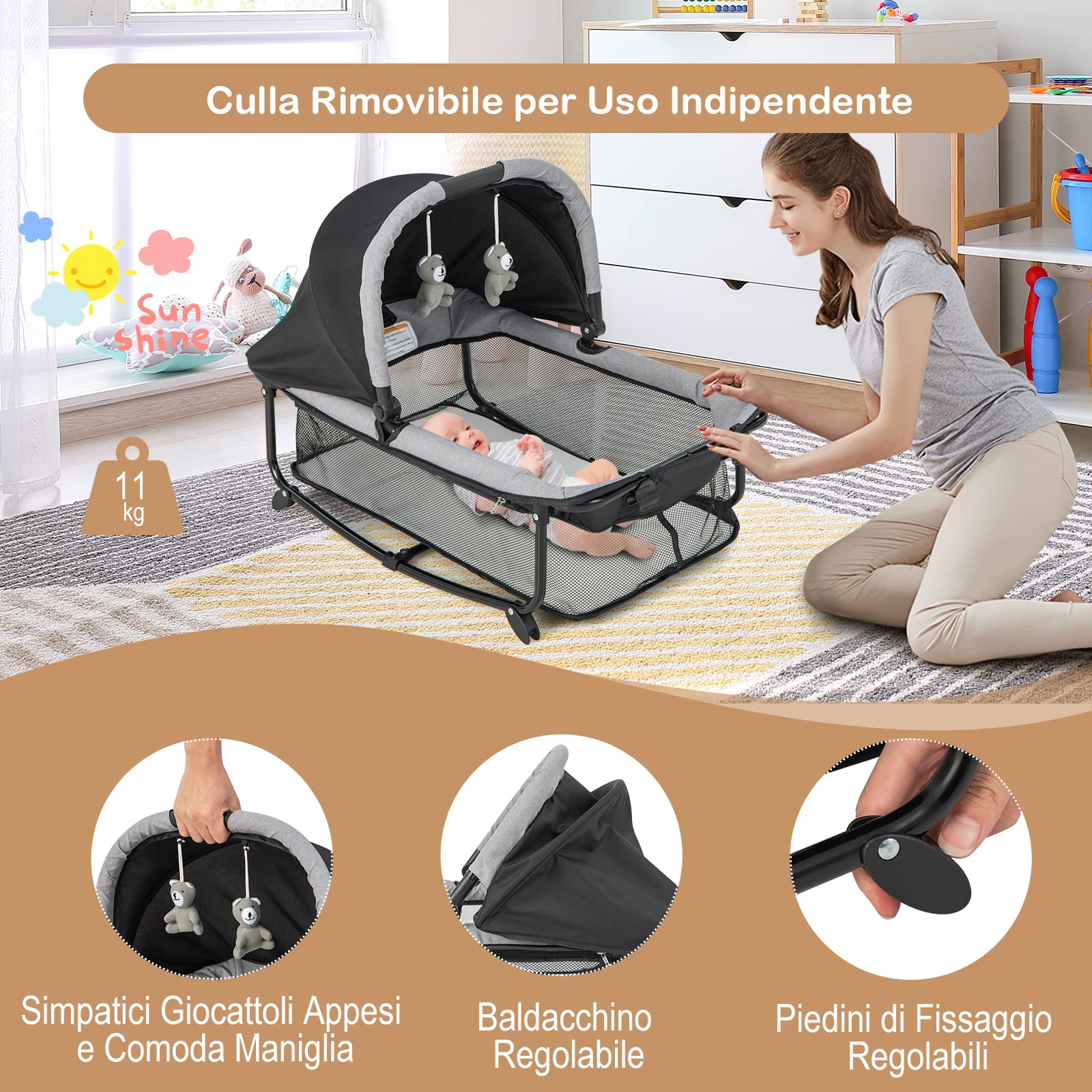 COSTWAY Lettino da Campeggio con Materasso, Lettino Pieghevole per Bambini con Fasciatoio, Culla da Viaggio con Ruote, Giocattolo, Lettino Bambini Staccabile, per Bambini 0-36 Mesi (Nero)