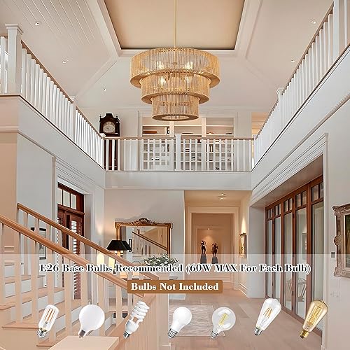 Miniatura 6 de Lámpara de araña bohemia de ratán tejida a mano de 25 pulgadas, 6 luces colgantes para isla de cocina, 3 lámparas redondas grandes tejidas para