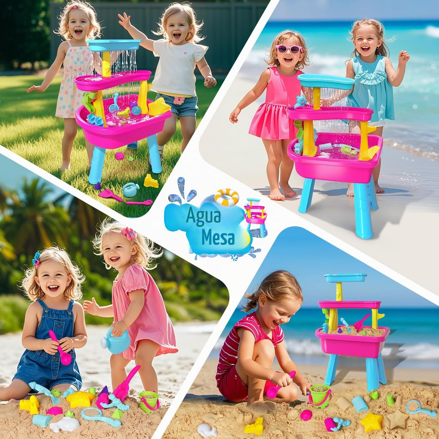 VATOS Mesa de agua de 3 niveles para niños 1-3, 37 piezas mesa de agua para niños lluvia ducha Splash Pond Set para patio trasero al aire libre, actividad sensorial mesa de agua arena mesa de verano