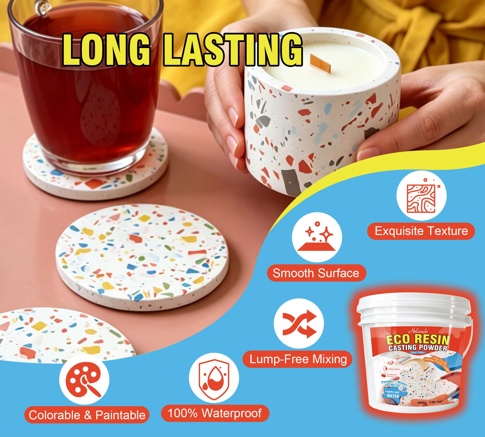 Polvere di Ceramica Bianca 4500g, polvere per colata resina ecologica, gesso attivato acqua, rapida polimerizzazione facile da miscelare autolivellante, per fai da te, arte domestica e stampi | Asciugatura rapida, 20-30 minuti, facile da mescolare, per pr