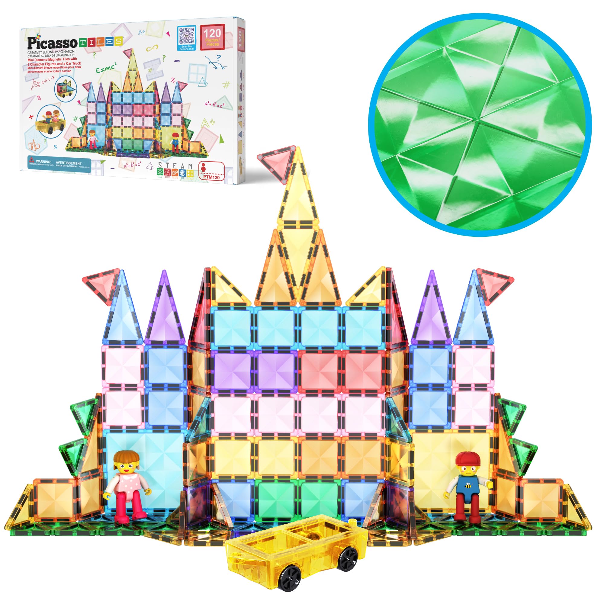 PicassoTiles 120pcs Mini Size Magnetic Tiles Magnet Toys Diamond Series Sensory Construction Building Blocks Set STEM Learning Travel Size Educational Toy for Kids Boys Girls Toddlers Age 3+ PTM120