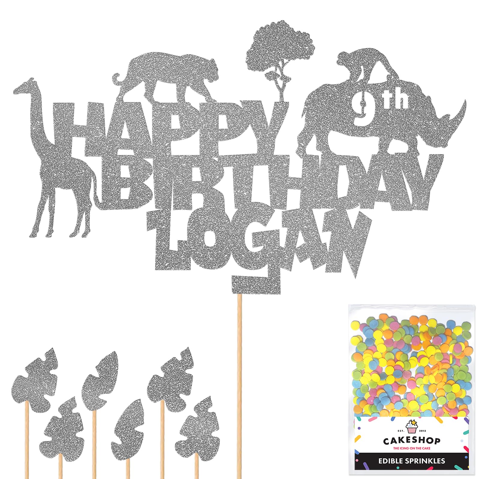 Personalised Jungle Animals Glitter Cake Topper Dk Silver Any Custom Age & Name Glitter Cake Decoration and Sprinkles - Happy Birthday Decorations - Personalised Toppers for Cakes by Cakeshop — image 1