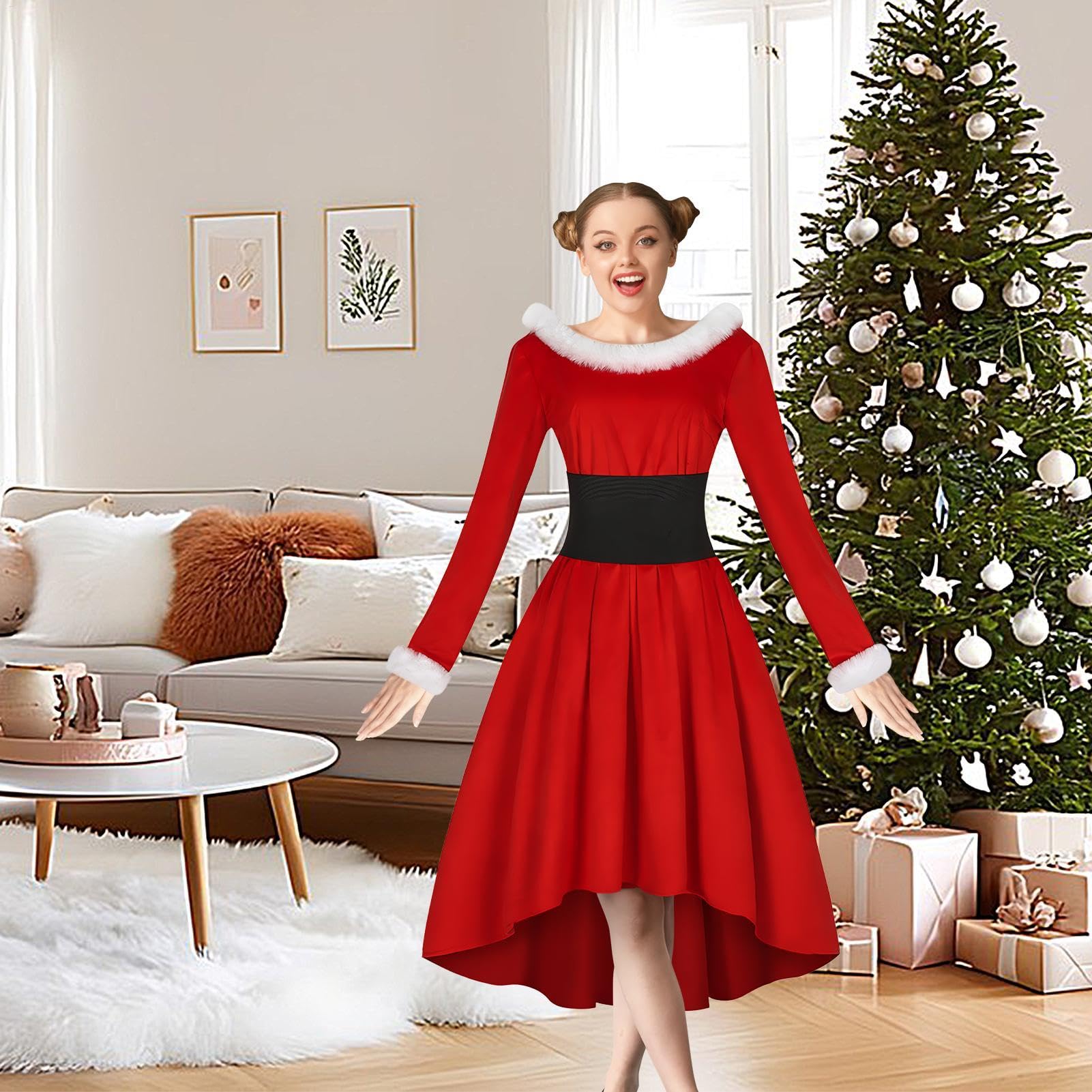 Costume da donna, vestito natalizio vintage, a maniche lunghe, per Natale, San, anniversari