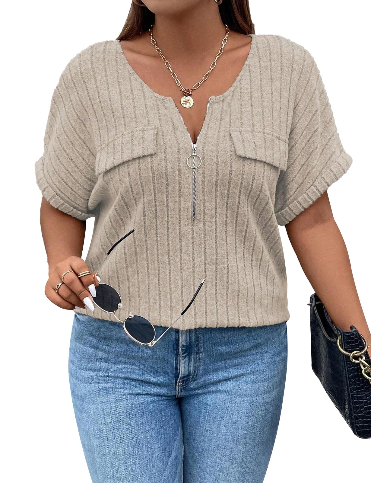 GemulatePlus Size Tops for Women V Neck Zipper T-Shirts Oversized Ladies Tops Ribbed Short Sleeve Tunic Top Loose Casual Lightweight Shirt Blouses XL-5XL