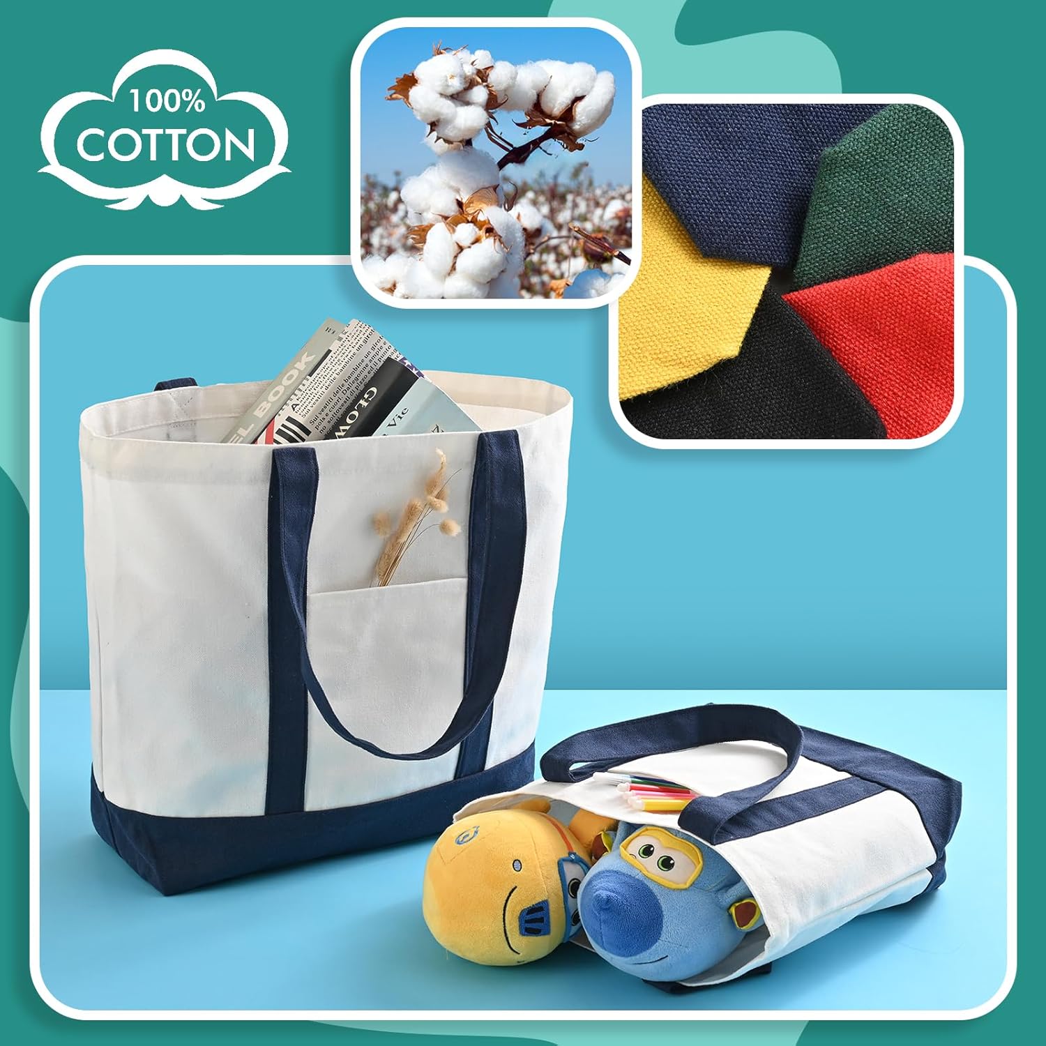 10Pcs Canvas Tote Bag Bulk with Outer Pocket, 12oz Cotton Blank Canvas Tote Bags 19 x 14.6Inch, 13 x 11Inch Reusable Grocery Bags Shopping Cloth Bags for Women, Colorful (5 Set Large & Medium) - Image 3