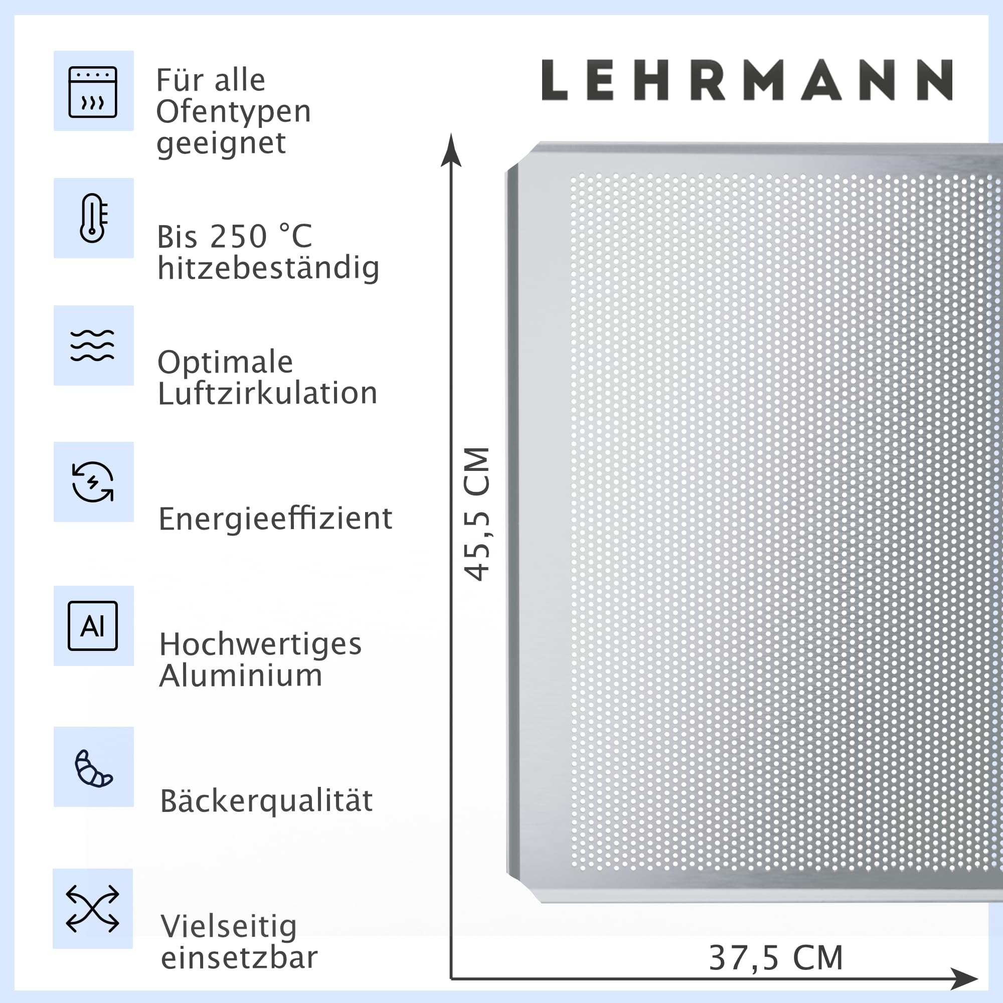 LEHRMANN Teglia forato 45,5 x 37,5 cm teglia per pane Compatibile/sostitutivo per Siemens Bosch Neff argento