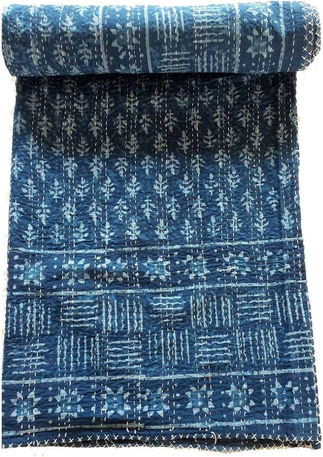 Blue Indigo King Block Handmade Bohemian Hand Block Print Pure Cotton Bedspread Kantha Stitch Hippie Kantha Bed Spread Reversible Bedcover Throw Quilt (Blue 1)
