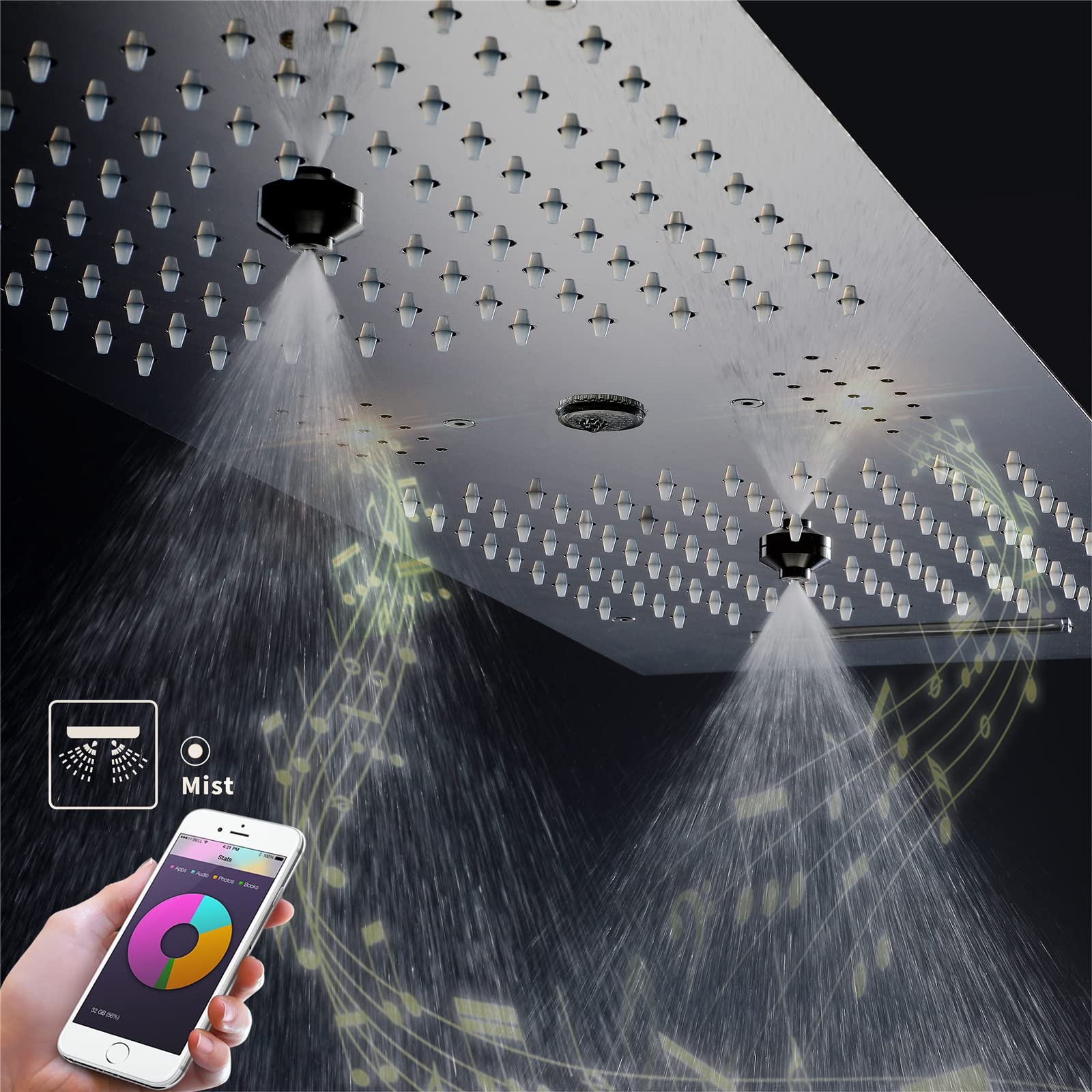 LED Música Rociador Ducha 90x30cm Negro Alcachofas Fijas para Ducha 4 Funciones 64 Colores Alcachofa de Ducha Rectangular 304 Acero Inoxidable Cabezal de Ducha Lluvia,Touch Control
