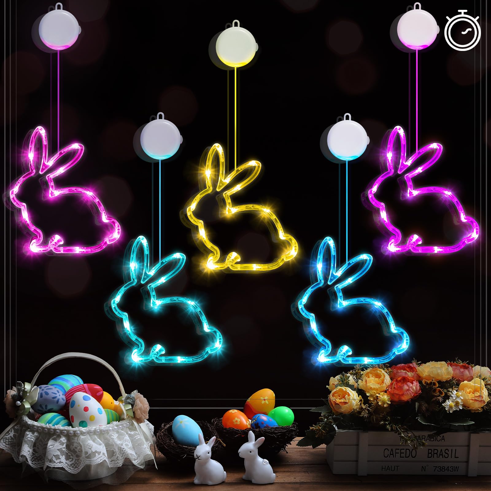 5 Pcs Easter Window Lights Bunny Shaped Hanging Lights with Timer and ...
