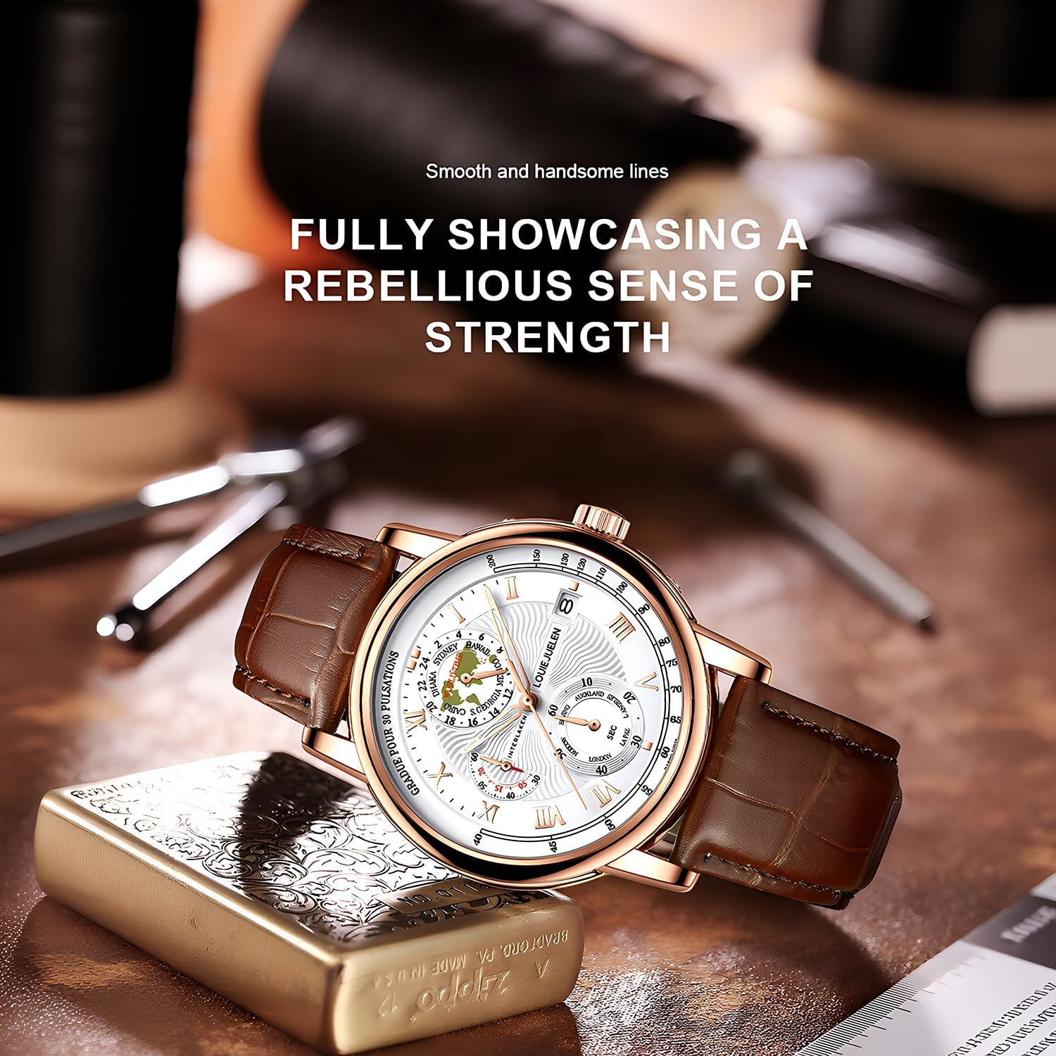 Men's Quartz Watch with Subdials Stainless Steel Analog Wrist Watches Date Display Waterproof Luminous Chronograph Watch for Men, Black/White/Green Dial, Leather/Stainless Steel Band