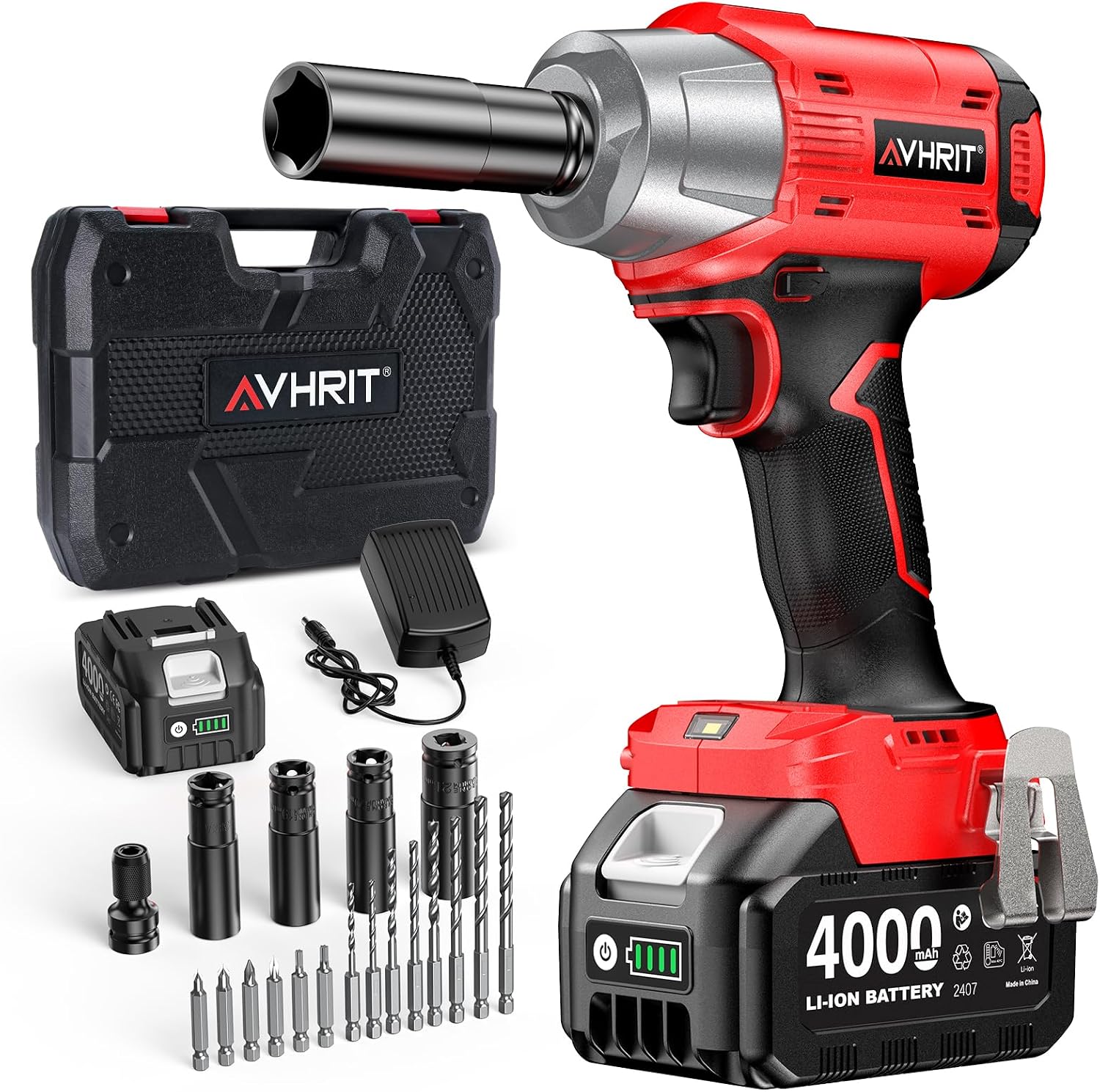 (-39%) Avhrit 3-in-1 Akku-Schlagschrauber 1000 Nm, 1/2 Zoll Bürstenloser Motor Elektrischer Schlagschrauber mit 4,0 Ah Akku, 2200 U/min, Akku-Schrauber Set mit Stecknüssen, Bits & Koffer für Auto, Werkstatt