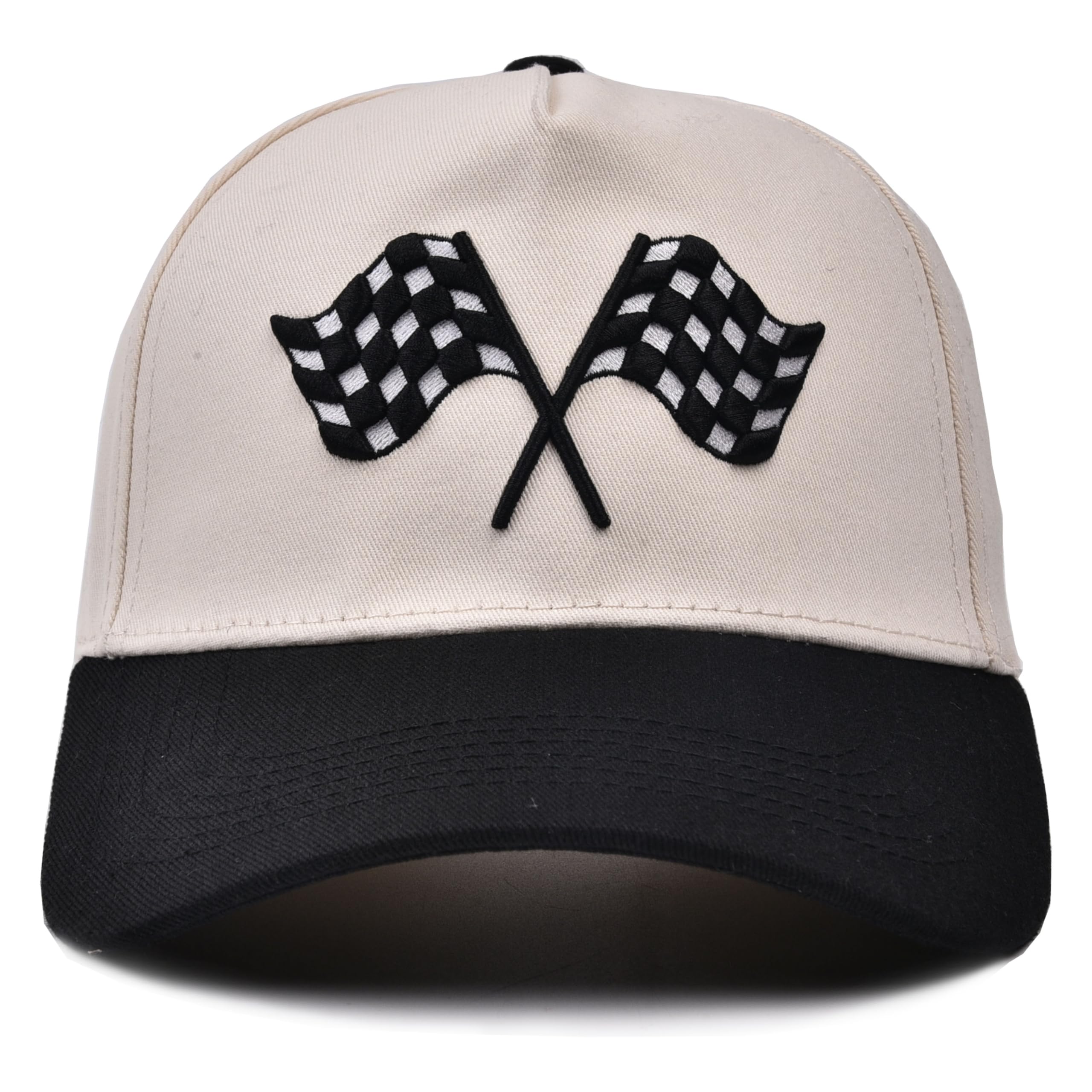 Racing Car Flag Hat for Men Women, Checkered Flags Adjustable Embroidered Vintage Baseball Caps Snapback Beige
