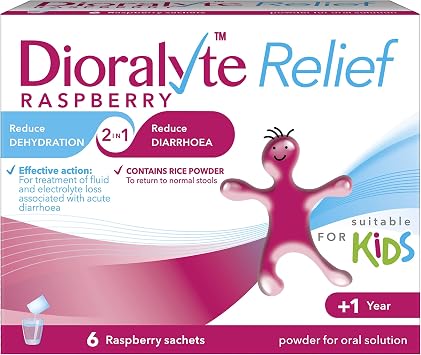 Dioralyte Relief Raspberry - Fast and Effective Rehydration Treatment to Help Replace the Loss of Body Fluid and Electrolytes minerals and salts - Raspberry Flavour, 6 Count Pack of 1