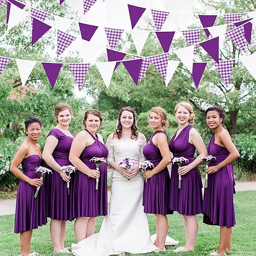 Miniatura 4 de Decoraciones de fiesta moradas de 32 pies, bandera triangular blanca a cuadros de búfalo morado, banderines de tela para boda, cumpleaños, picnic,