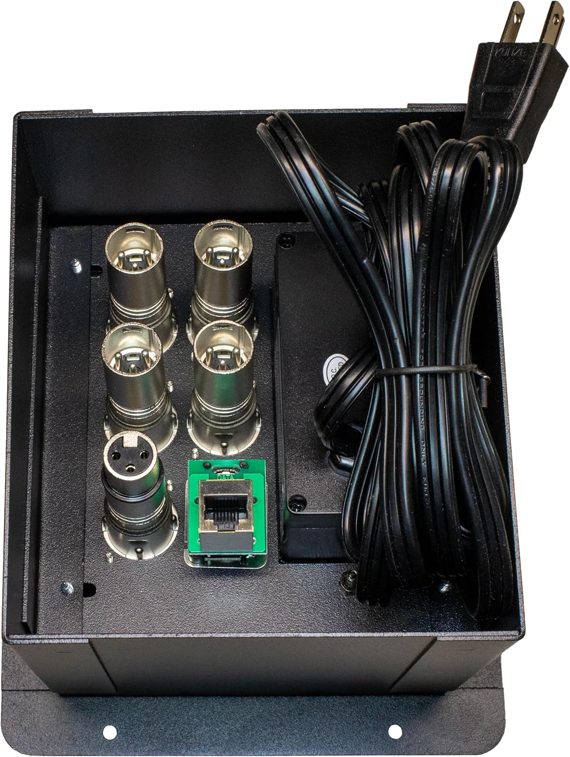 Pro Audio Recessed Stage Floor Box with Passthrough Connectors (with 110v, 4 Female 3 Pin XLR, 1 Male XLR, Ethernet RJ45)