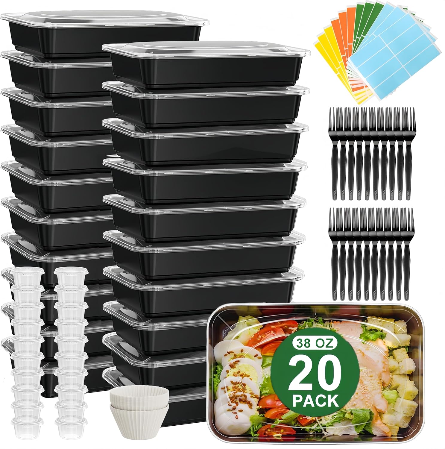 20 Pack(122 Pcs) Food Containers with Lids, 38 oz Reusable Meal Prep Containers Microwave Freezer Dishwasher Safe, To Go Food Container, Take Out Food Storage