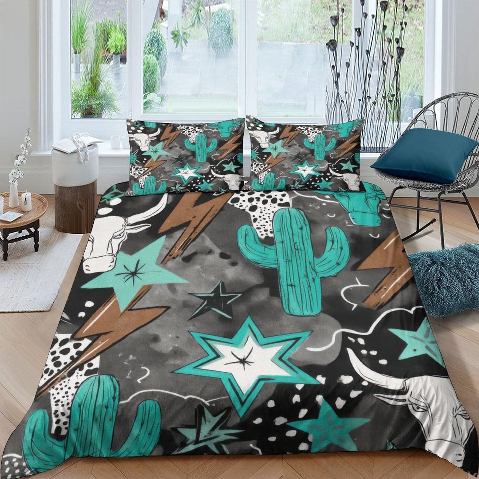 Ctjqhvkz Style-7 3D Printed Western Cactus Fitted Sheet Microfiber Soft Breathable Star Skull Mattress Cover Bedroom Decor Single（135X200cm）