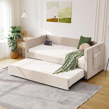 Twin to King Daybed with Pull Out Bed Trundle, Modern Upholstered Tufted Day Beds Frame, Comfy Velvet with USB Charging Ports & Side Pocket, No Box Spring Needed, Space Saving for Guest Room Beige