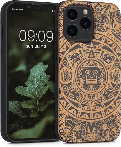 kwmobile Funda de madera compatible con Apple iPhone 13 Pro, calendario maya, color marrón claro y negro