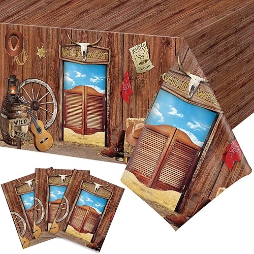Capoda Manteles de vaquero de 3 piezas con temática occidental, cubierta de plástico impermeable para decoración de fiesta del salvaje oeste,