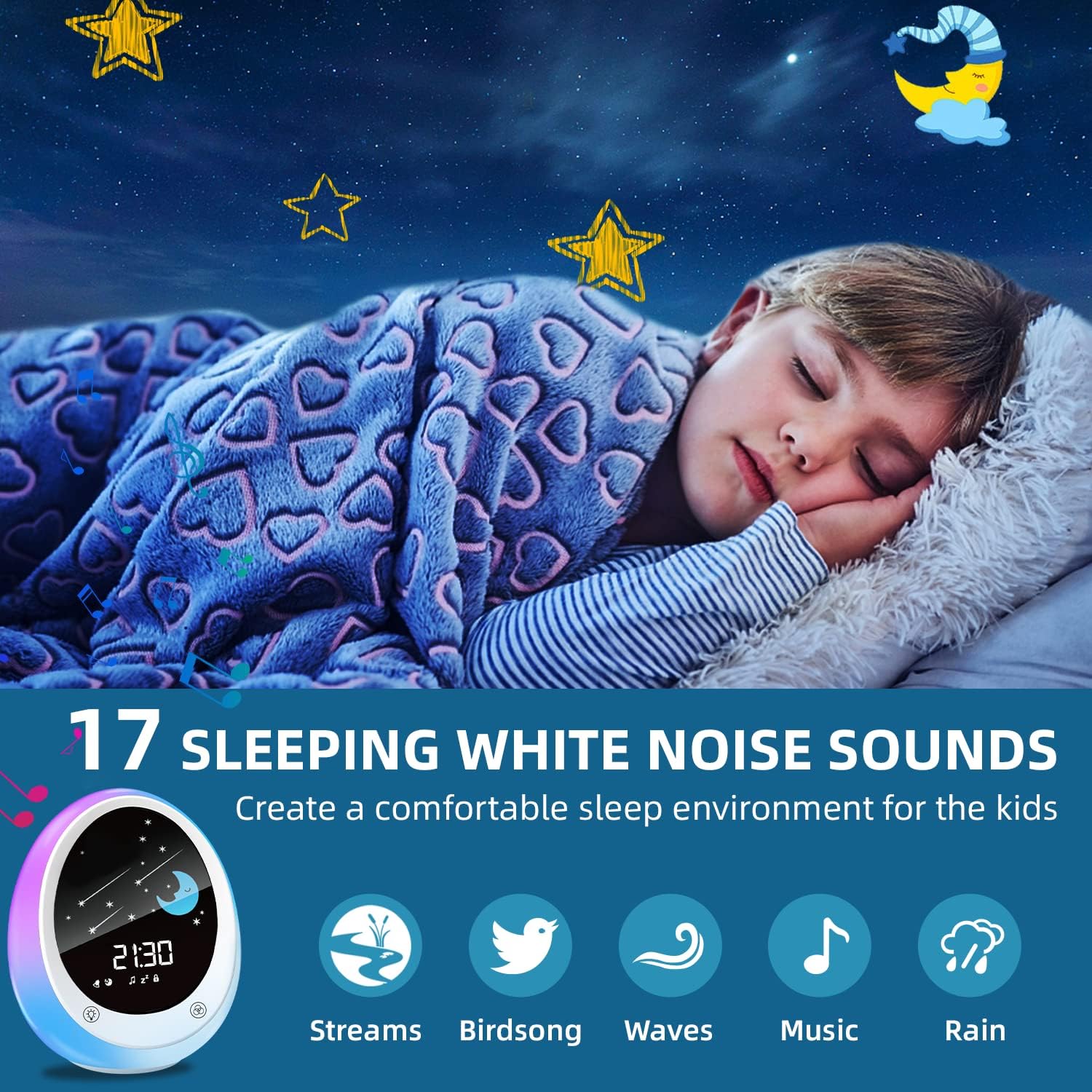 Child sleeping with text '17 Sleeping White Noise Sounds'