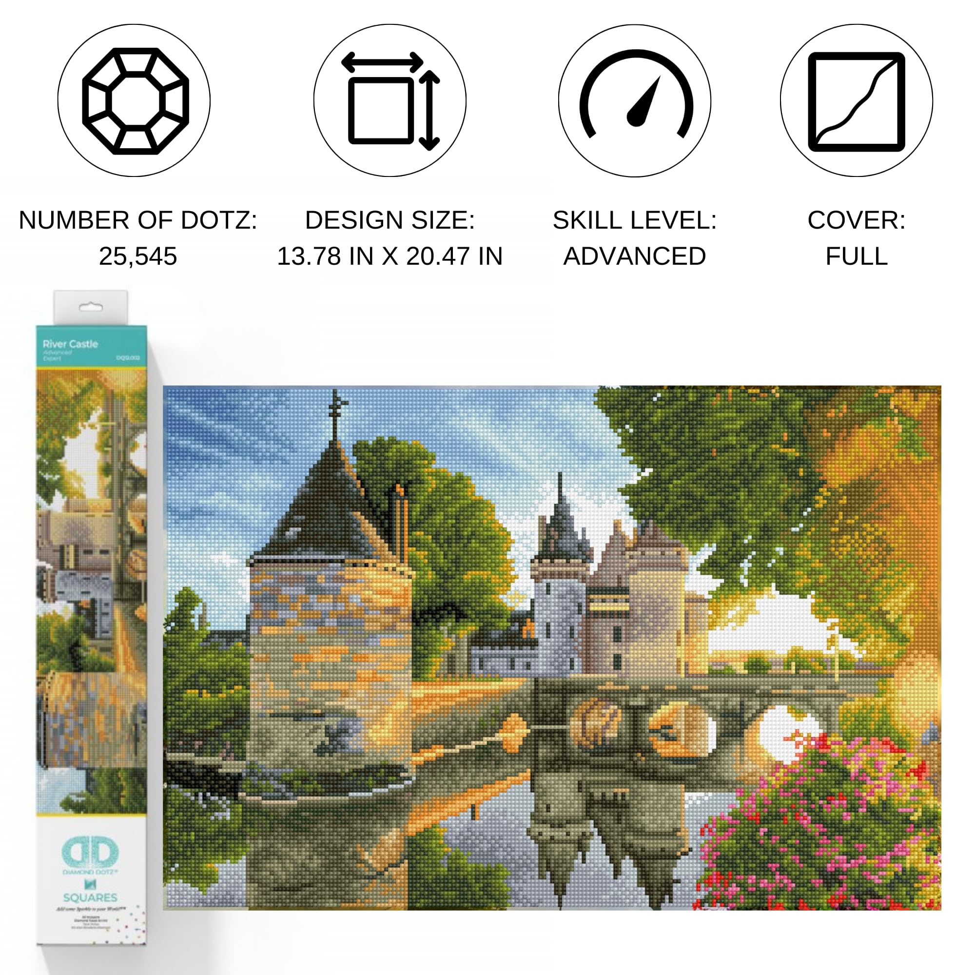 Diamond Dotz DQ12-002 Squares River Castle, ca. 35 x 52 cm groß, Diamond Painting, Malen mit Diamanten, funkelndes Bild zum Selbstgestalten, für Kinder und Erwachsene