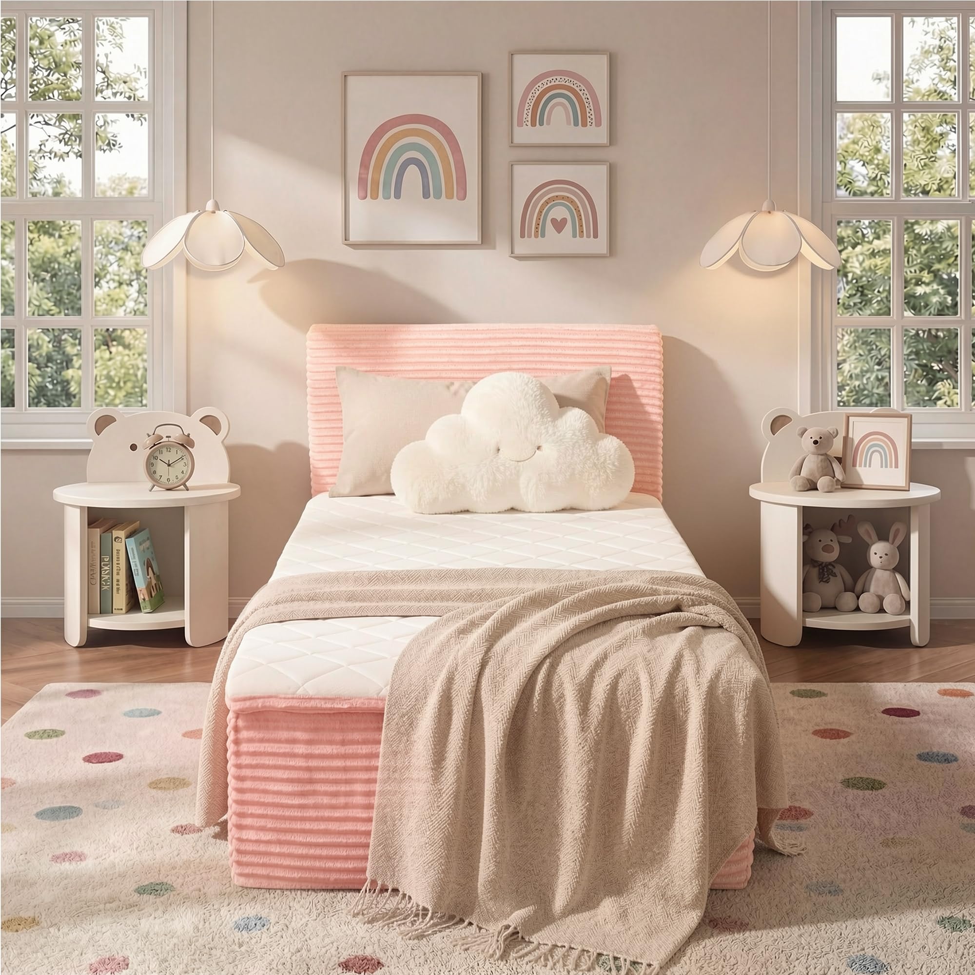 Twin Boneless Bed Frame with Mattress, 16 Inch Memory Foam Mattress with Plush Fabric Upholstered Bed Frame Platform, No Assembly Required,Cool Night &amp; Relieve Pressure with Medium Support, Pink