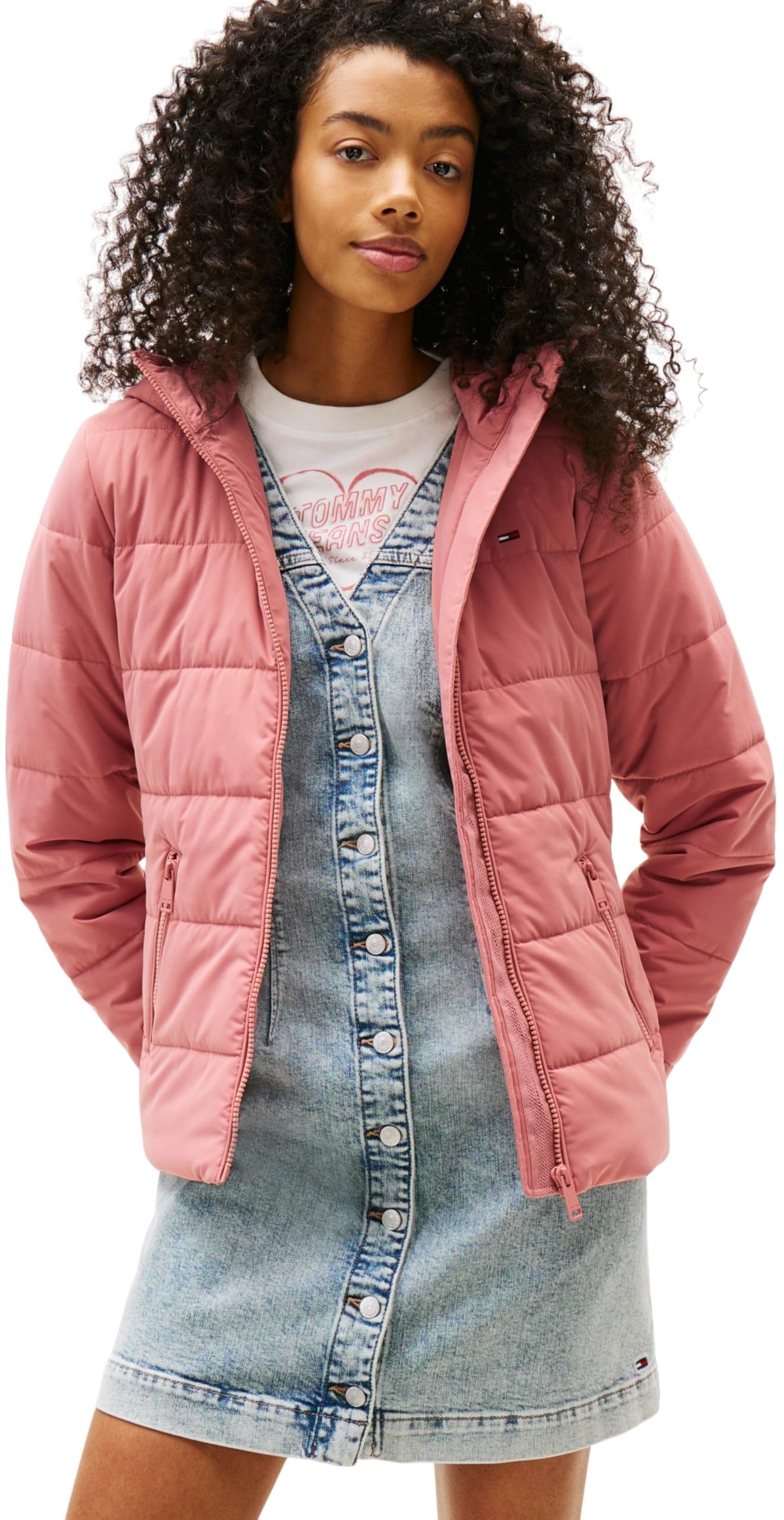 Tommy Jeans Womens Tjw Slim Lw Hooded Padded Dw0dw20959 Puffer Jacket, Pink (Tahiti Berry), S UK