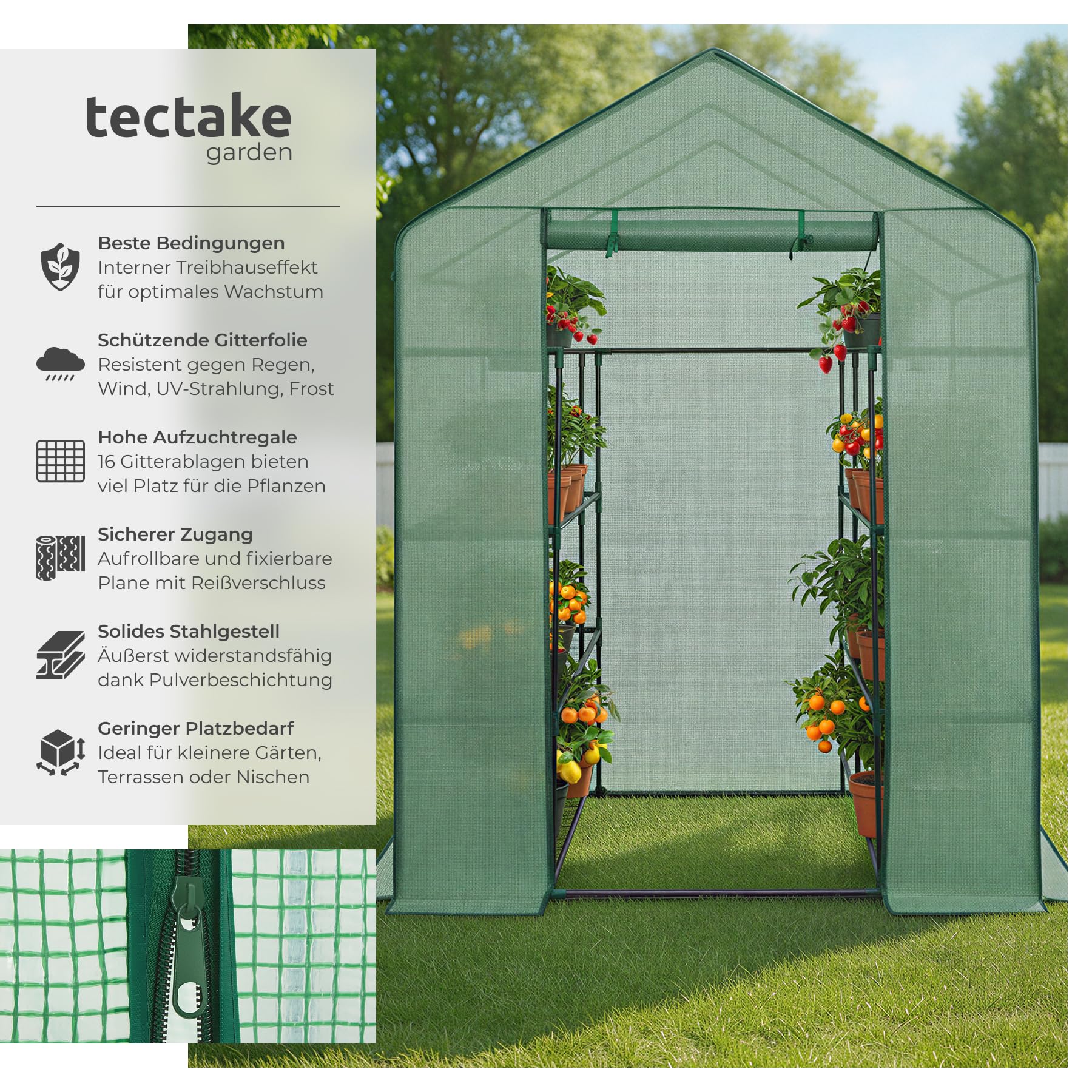 tectake® Foliengewächshaus mit UV-beständiger PE-Gitterfolie und 16 Metallablagegittern, 143 x 143 x 195 cm, Gewächshaus schützt vor Kälte, Regen und Frost, Anzucht Gewächshaus für Tomaten & Pflanzen