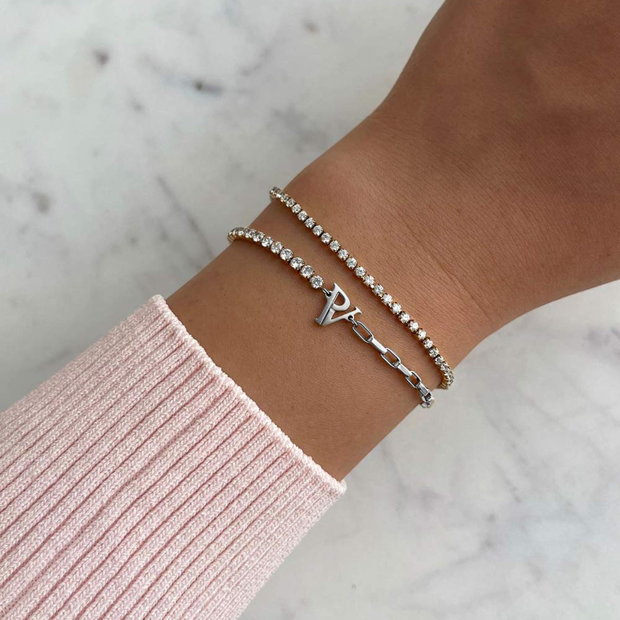 PAUL VALENTINE - Damen Armband Edelstahl - Silberfarben - mit Zirkonia Stein - PV Logo Anhänger - PV-B0004