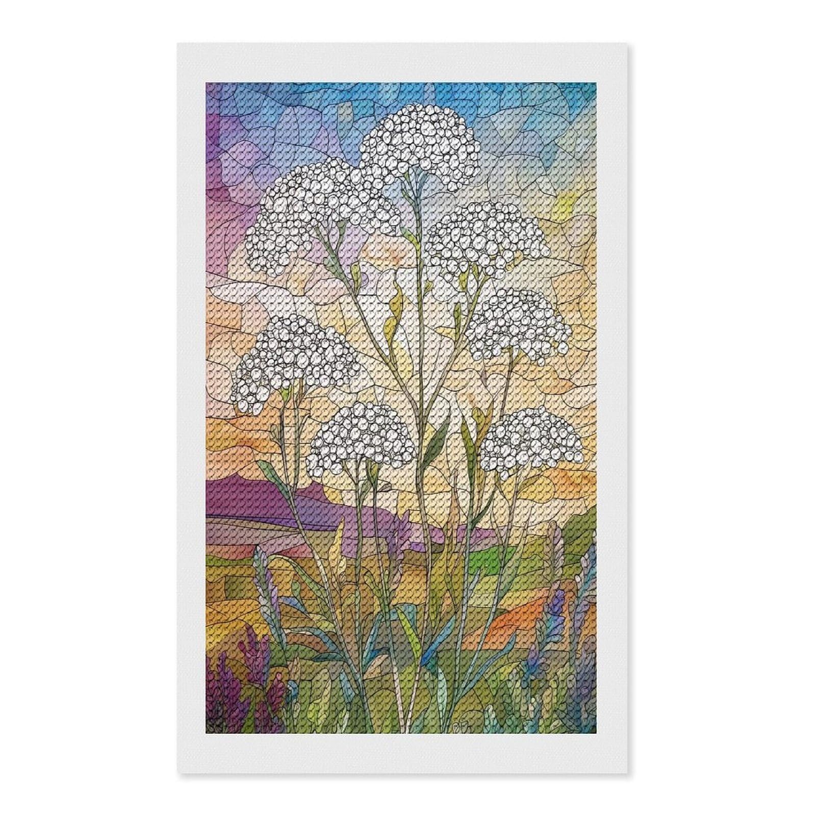 Junmoney Stained Glass Wildflowers Crystal Diamond Art Kit 12"x20", Round Gems, Detailed Printed Canvas, Creative Gift Idea, Vintage Style Decor